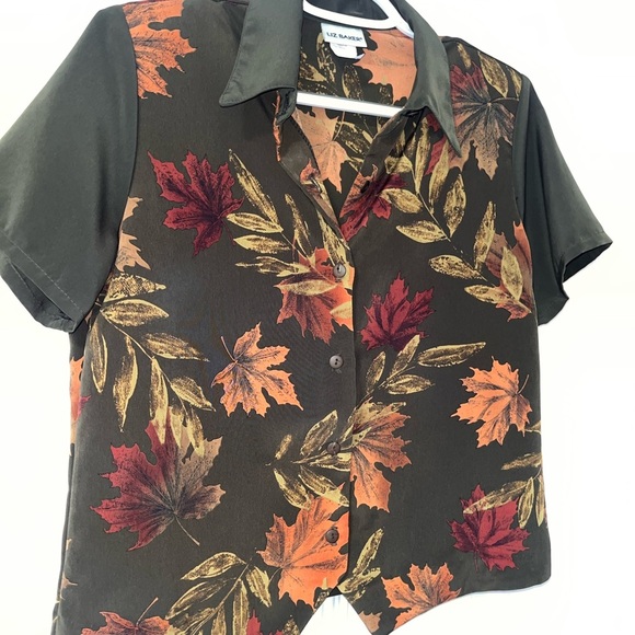Liz Baker Brown and Orange Leaf Print Button Down Shirt - Picture 2 of 5